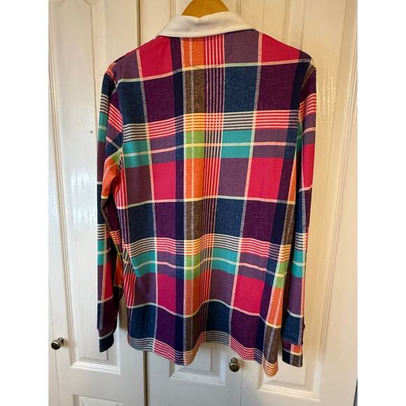 Polo Sport Ralph Lauren Mens Pink Madras Long Sleeve Rugby Shirt Size Medium - Picture 5 of 7